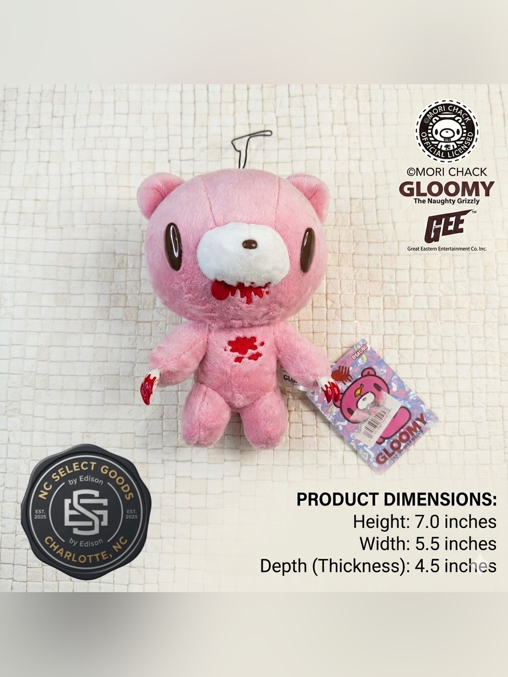 Gloomy Bear Pink Plush Bloody Tongue Out 7" GEE Great Eastern Entertainment NWT
